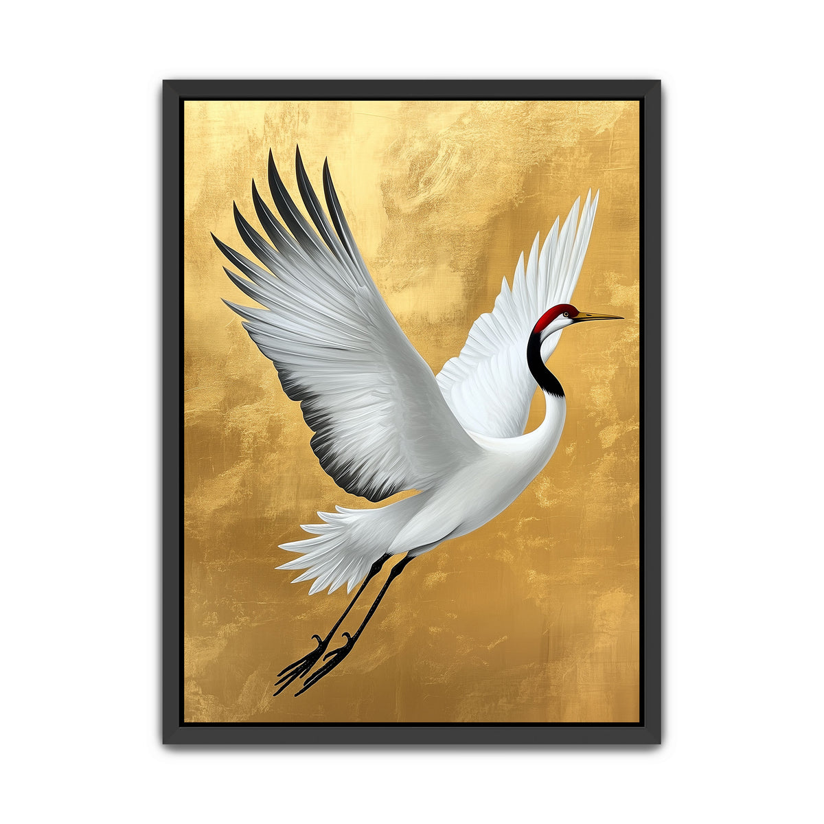 Flying white red-crowned crane canvas art with outstretched wings, black feather tips and textured gold background.