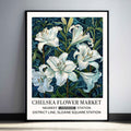 White Lillies Floral Print featuring flowers set against a dark blue background. A vintage-style poster Framed artwork of white lilies on a dark blue background with text 