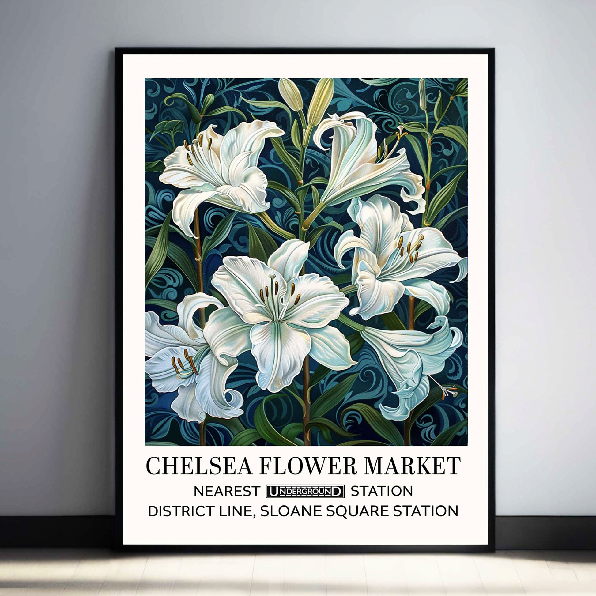 White Lillies Floral Print featuring flowers set against a dark blue background. A vintage-style poster Framed artwork of white lilies on a dark blue background with text 