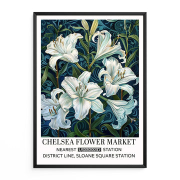 White Lillies Floral Print featuring flowers set against a dark blue background. A vintage-style poster Floral  poster with white lilies on a dark background, featuring text about the Chelsea Flower Market.
