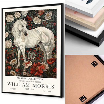 White Stallion And Red Flowers Jungle Forest William Morris Style Print