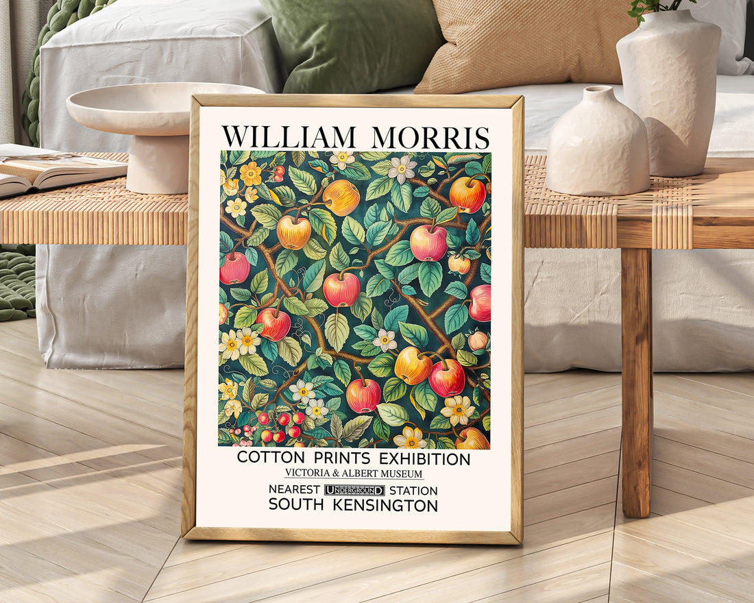 William Morris Apple Orchard Print featuring red and golden apples, apple tree branches, flowers, leaves and botanical foliage 