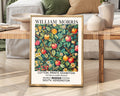 William Morris Apple Orchard Print featuring red and golden apples, apple tree branches, flowers, leaves and botanical foliage 