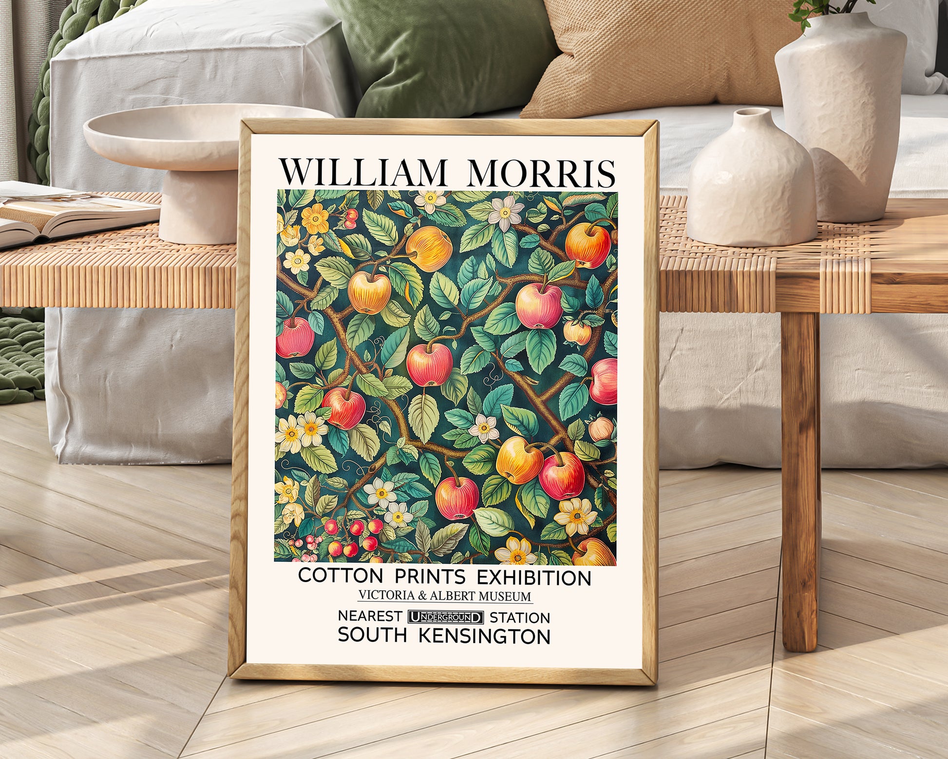 William Morris Apple Orchard Print featuring red and golden apples, apple tree branches, flowers, leaves and botanical foliage 
