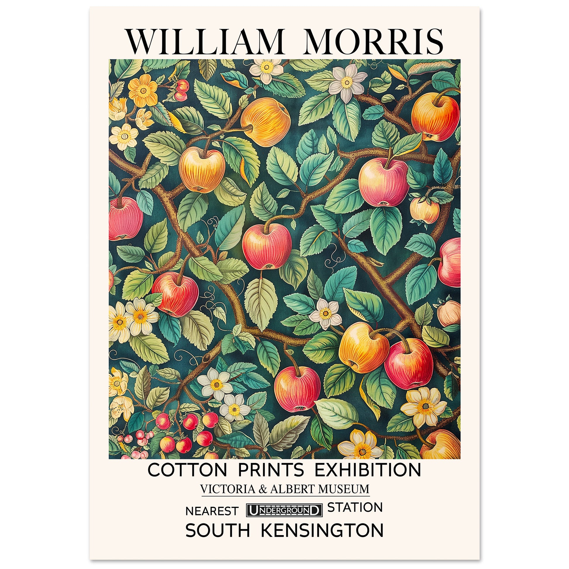William Morris Apple Orchard Print featuring red and golden apples, apple tree branches, flowers, leaves and botanical foliage 