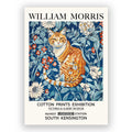 William Morris Ginger Cat Print featuring an orange tabby cat surrounded by botanical flowers, 