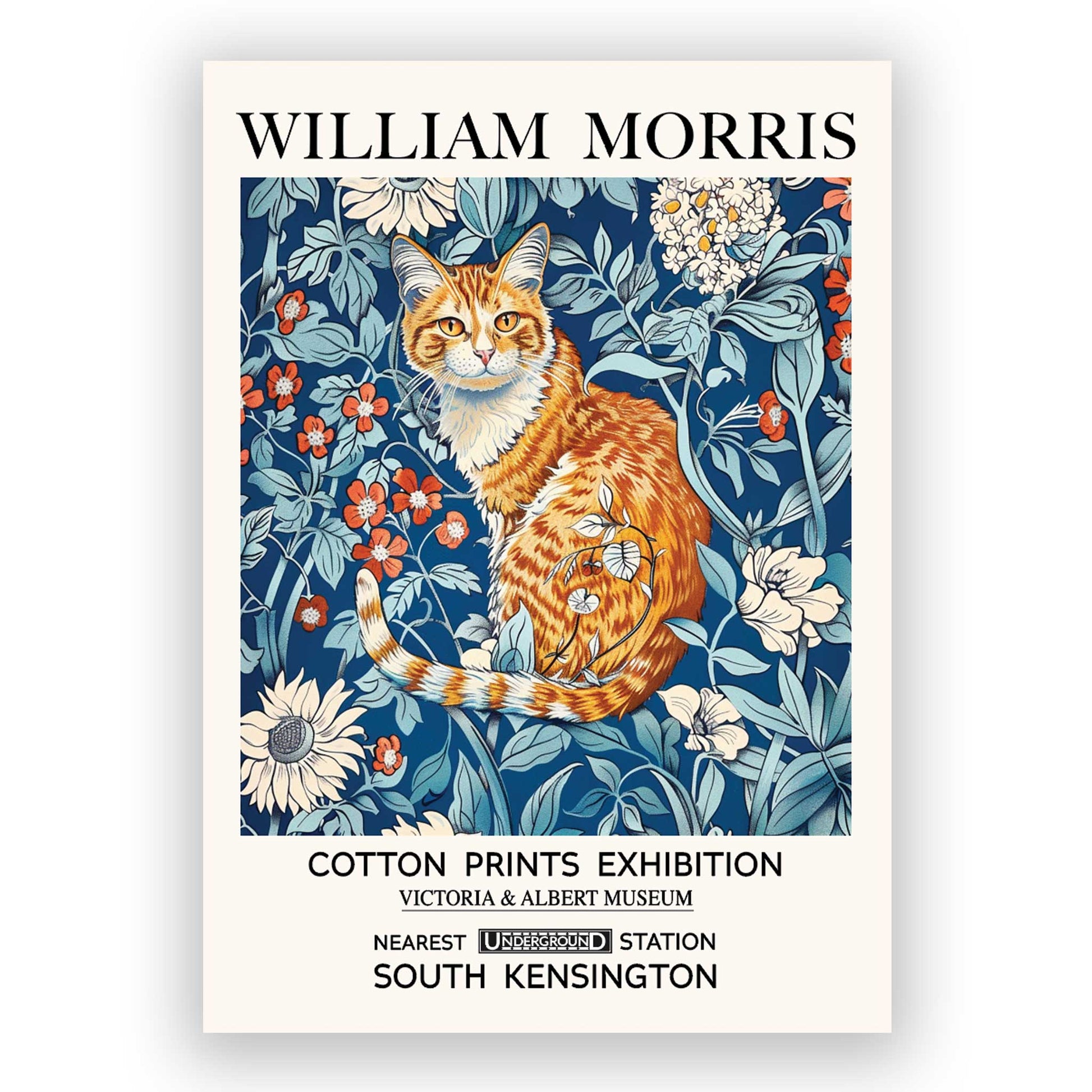William Morris Ginger Cat Print featuring an orange tabby cat surrounded by botanical flowers, 