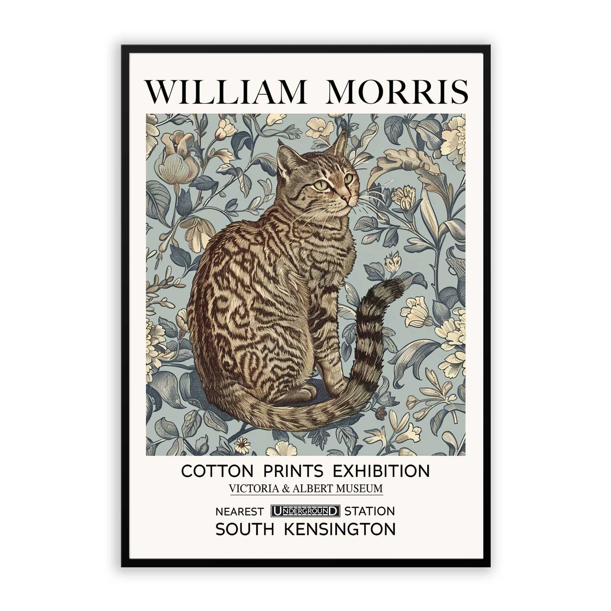 William Morris Grey Cat Print featuring a grey tabby cat surrounded by botanical flowers, decorative foliage and classic floral patterns inspired by Victorian design.
