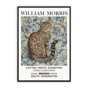 William Morris Grey Cat Print featuring a grey tabby cat surrounded by botanical flowers, decorative foliage and classic floral patterns inspired by Victorian design.