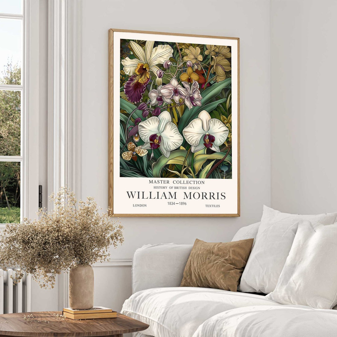 William Morris Orchid Print featuring white and purple orchids, tropical leaves and botanical foliage