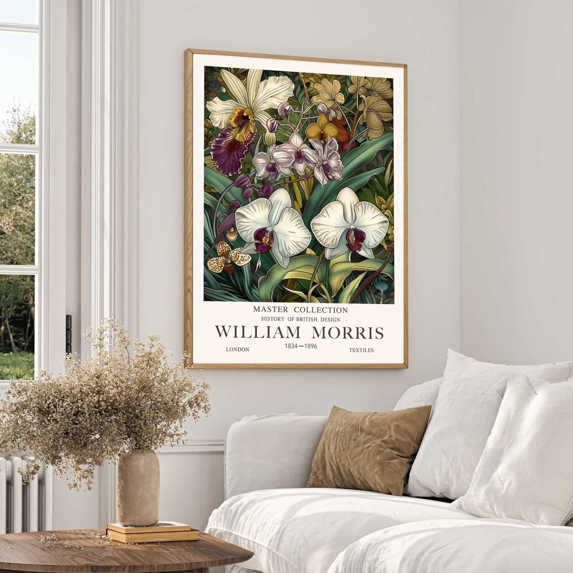 William Morris Orchid Print featuring white and purple orchids, tropical leaves and botanical foliage