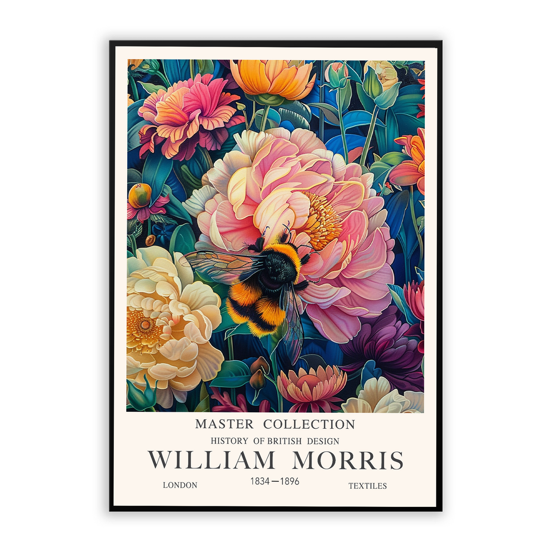 William Morris print featuring a bumblebee on big pink peony flowers surrounded by botanical foliage
