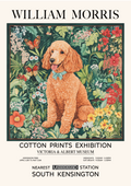 William Morris Poodle Print featuring a curly-haired poodle surrounded by colourful flowers, butterflies and botanical foliage inspired by Victorian textile design.