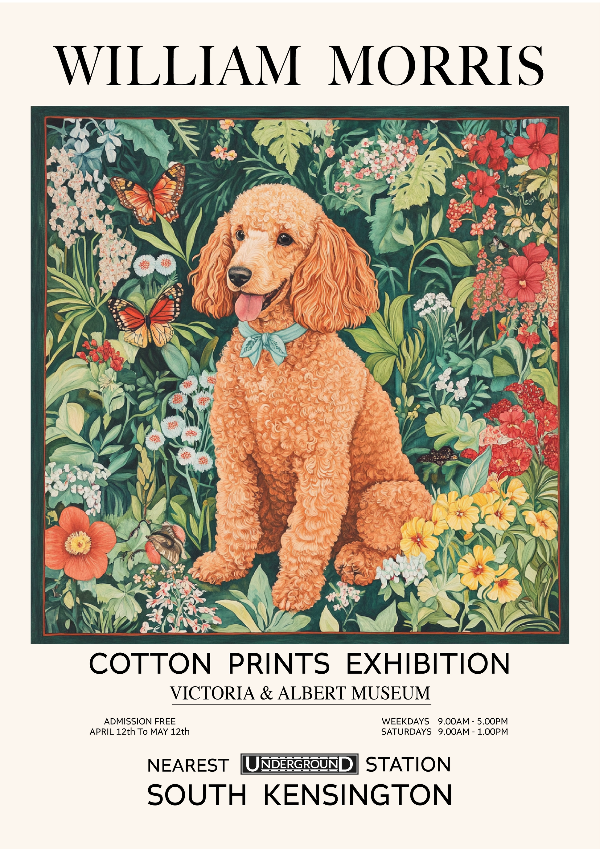 William Morris Poodle Print featuring a curly-haired poodle surrounded by colourful flowers, butterflies and botanical foliage inspired by Victorian textile design.