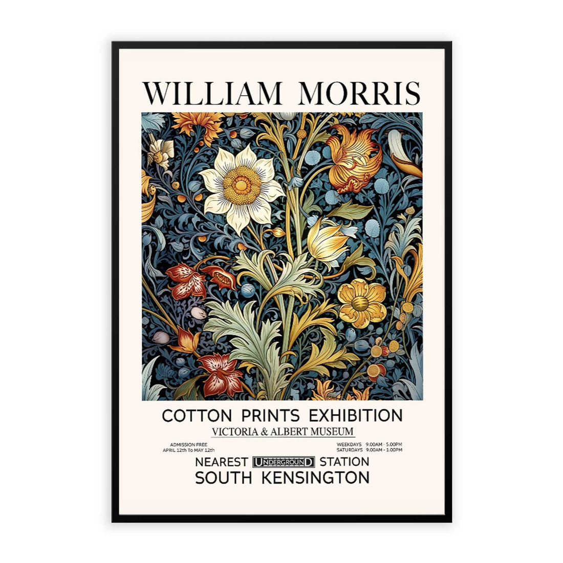 William Morris Wildflower Print featuring flowers, leaves and botanical foliage inspired by Victorian design and vintage decorative art. A framed poster of William Morris Gilded Flowers artwork, featuring intricate floral patterns with a vintage aesthetic.