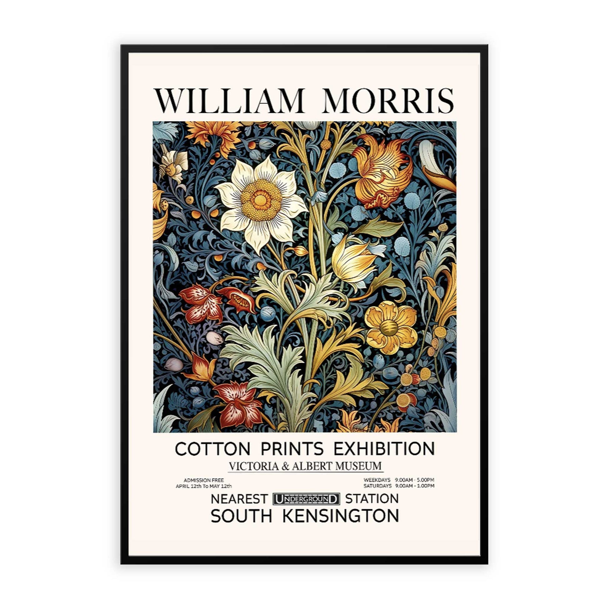William Morris Wildflower Print featuring flowers, leaves and botanical foliage inspired by Victorian design and vintage decorative art. A framed poster of William Morris Gilded Flowers artwork, featuring intricate floral patterns with a vintage aesthetic.
