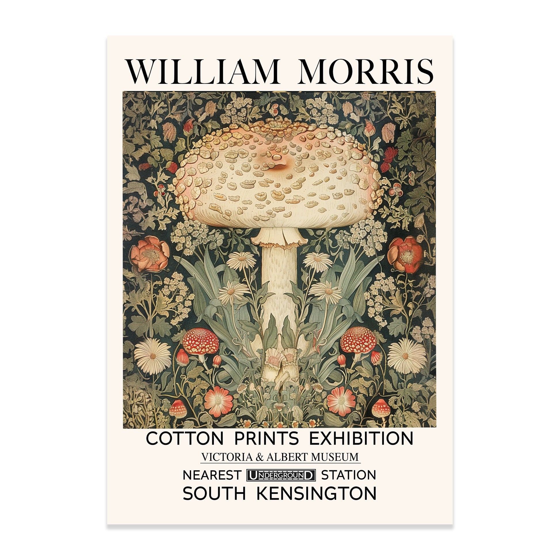 William Morris Woodland Mushroom Print featuring mushrooms, flowers, leaves and botanical foliage 