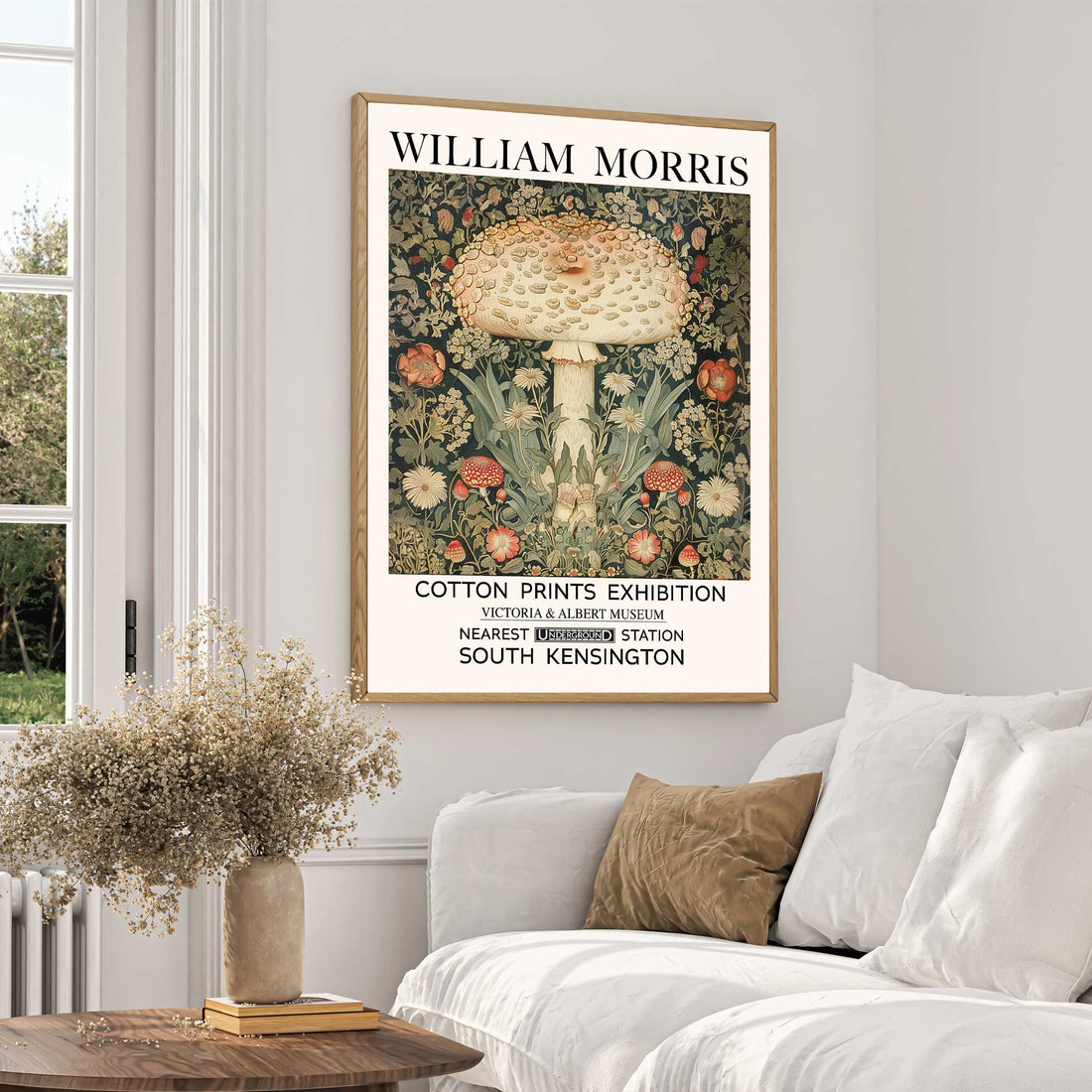 William Morris Woodland Mushroom Print featuring mushrooms, flowers, leaves and botanical foliage 