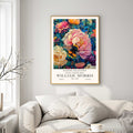 William Morris print featuring a bumblebee on big pink peony flowers surrounded by botanical foliage