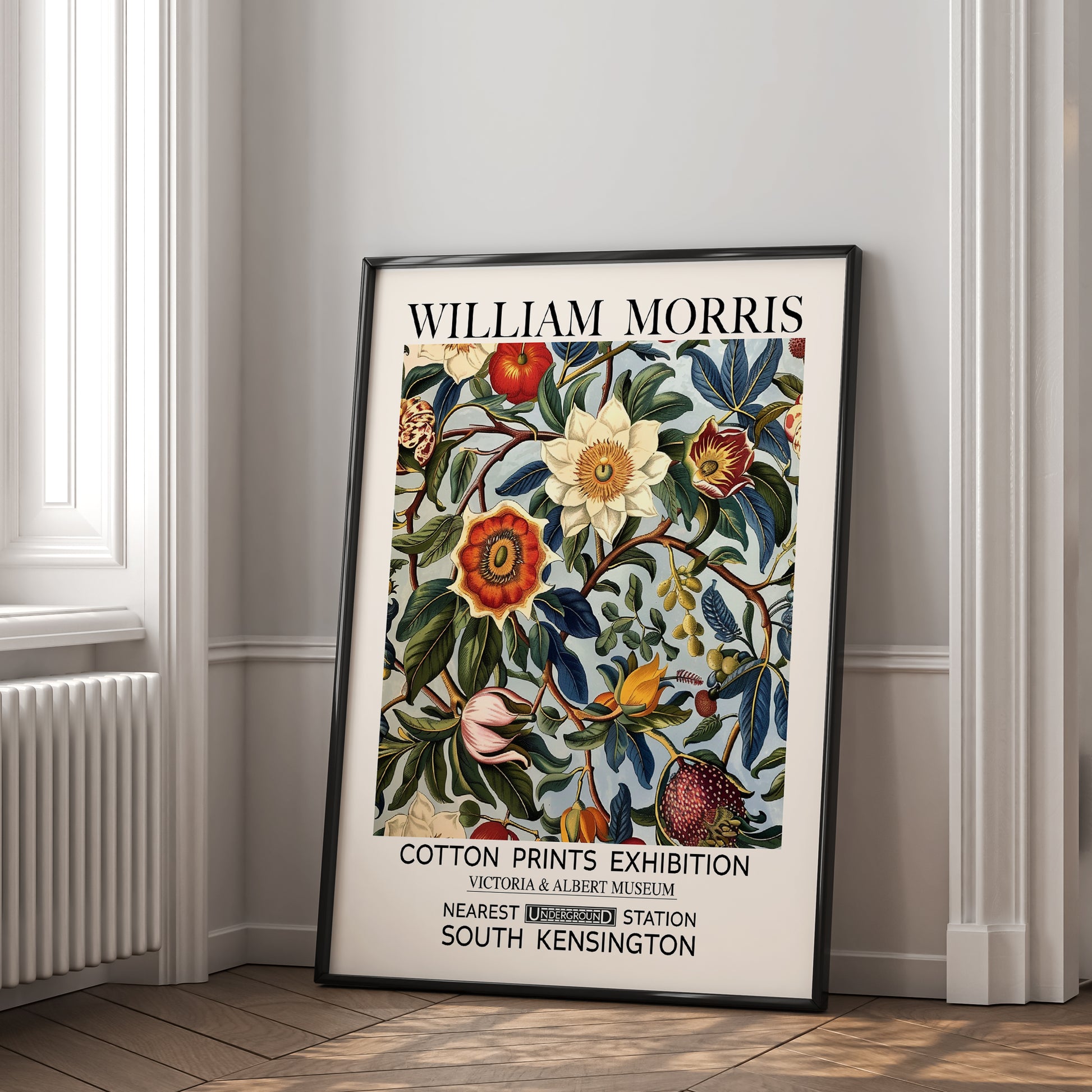 William Morris print featuring passion fruit, flowers, leaves and botanical foliage