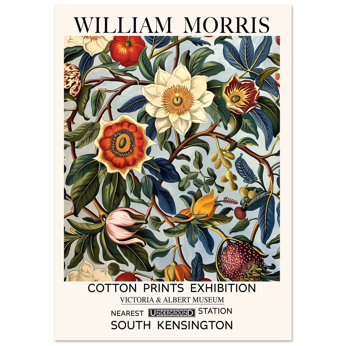 William Morris print featuring passion fruit, flowers, leaves and botanical foliage