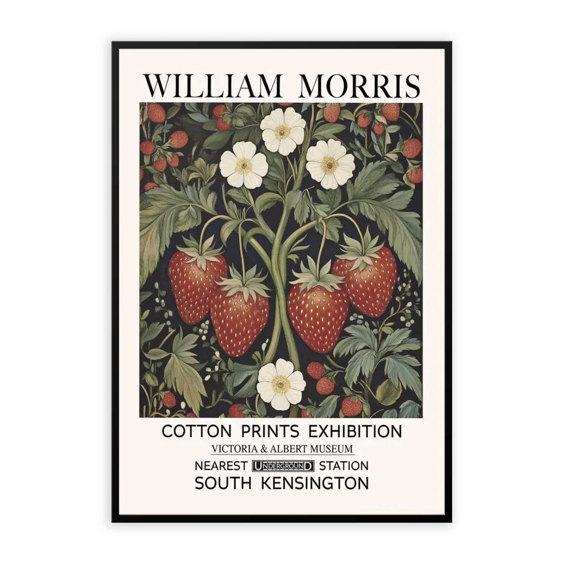 William Morris strawberry print featuring red strawberries, white flowers, leaves and botanical foliage