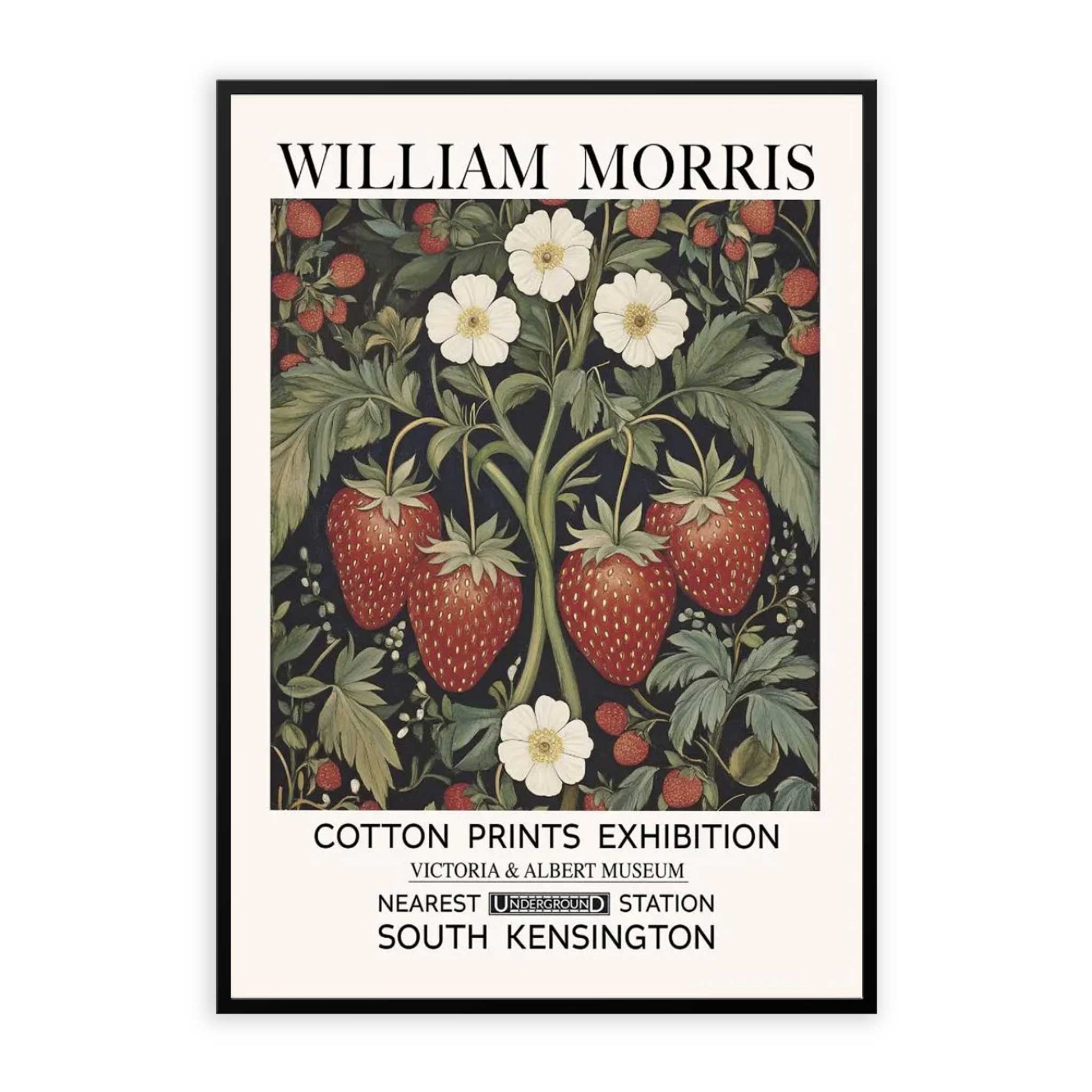 William Morris strawberry print featuring red strawberries, white flowers, leaves and botanical foliage