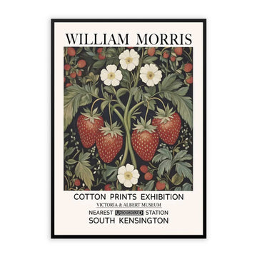 William Morris strawberry print featuring red strawberries, white flowers, leaves and botanical foliage