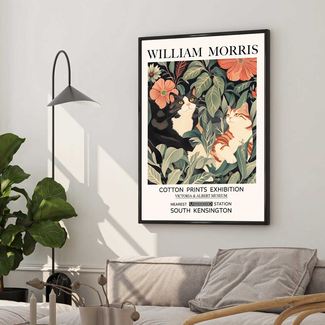 William Morris two cats print featuring a tuxedo cat and ginger cat surrounded by botanical foliage and flowers