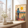Western Desert Wall Art Cowboy Landscape Print  on a window sill