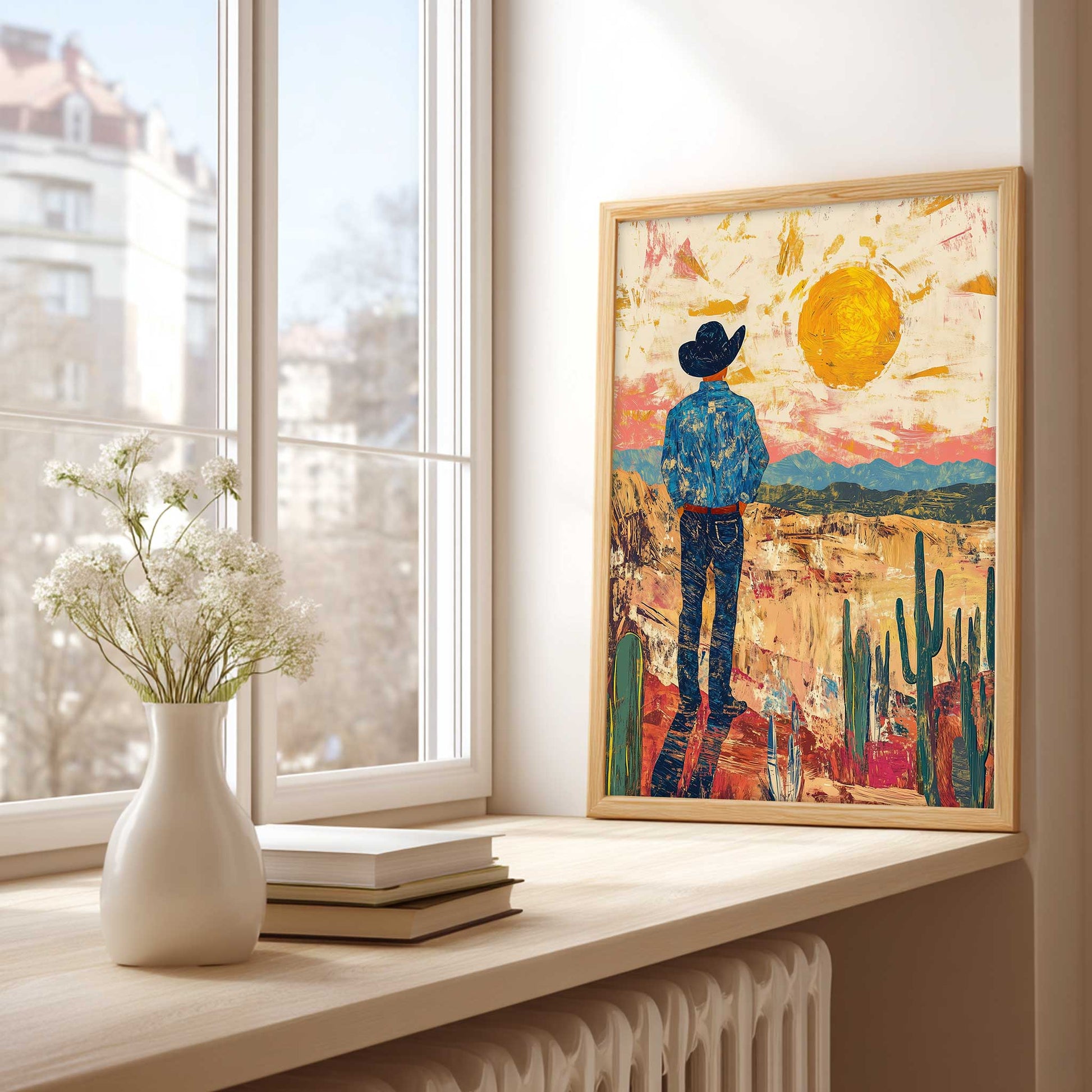 Western Desert Wall Art Cowboy Landscape Print  on a window sill