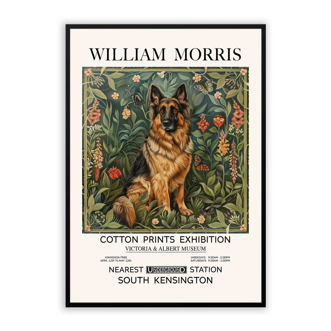 William Morris dog art print featuring vintage floral design, perfect for classic home decor, Victorian-inspired wall art, and animal lovers looking for unique art prints.