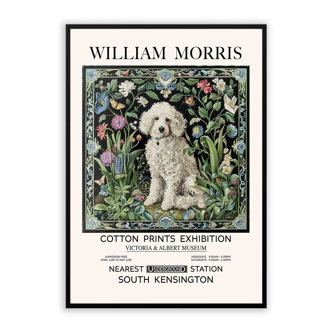 William Morris Poodle print, Vintage floral dog art for poodle lovers, Poodle art print for home decor, William Morris dog prints for poodle parents, Classic Poodle wall art for animal lovers