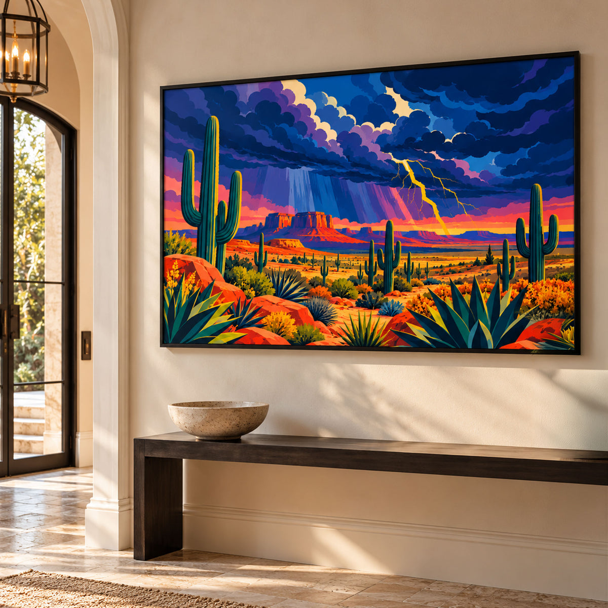 Colourful Southwestern desert wall art featuring saguaro cacti, lightning storm, red Arizona mesas and mid-century modern landscape illustration