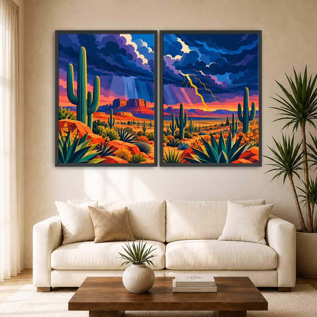 Southwestern desert landscape wall art with saguaro cacti and Arizona thunderstorm displayed above a cream sofa in a modern living room