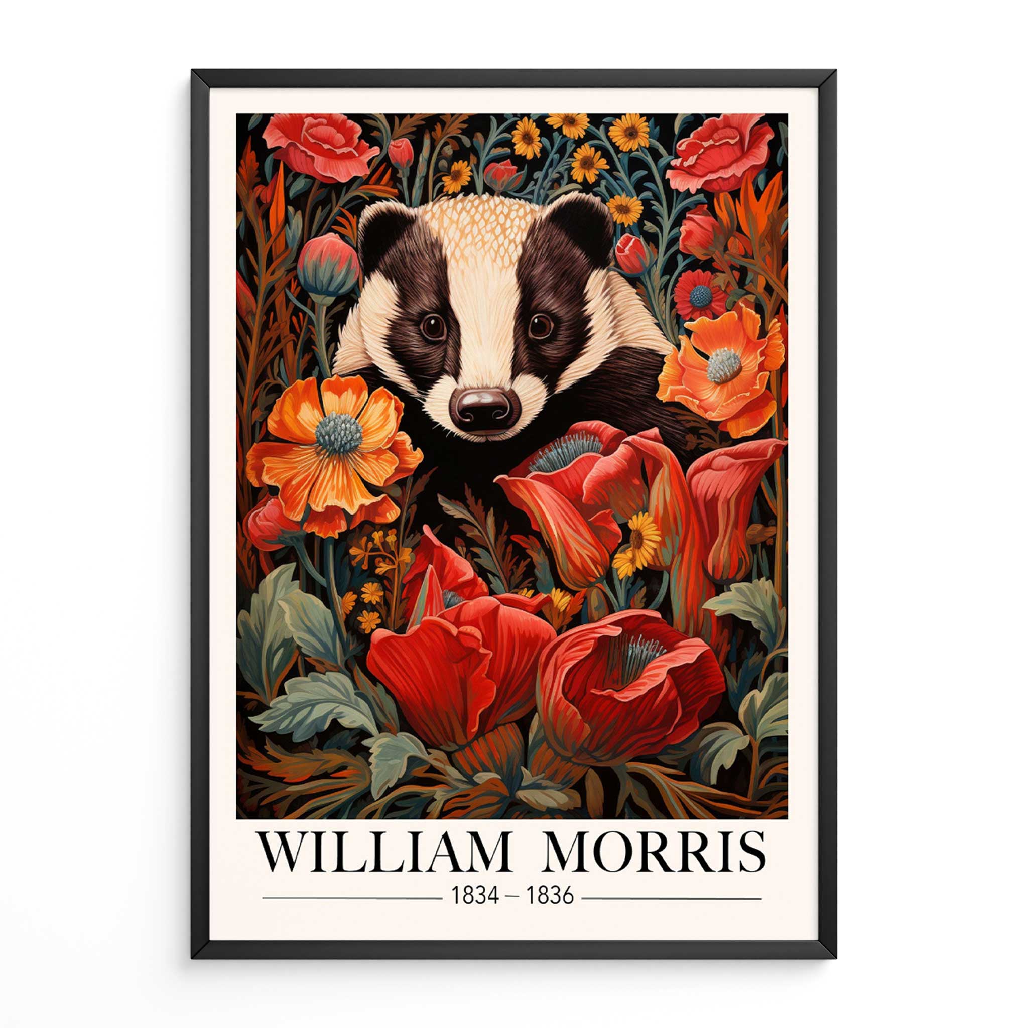Vintage badger Wall Art – Animal Print with Floral Botanical Frame Inspired by William Morris, Ideal for Cottagecore or Victorian-Style Decor