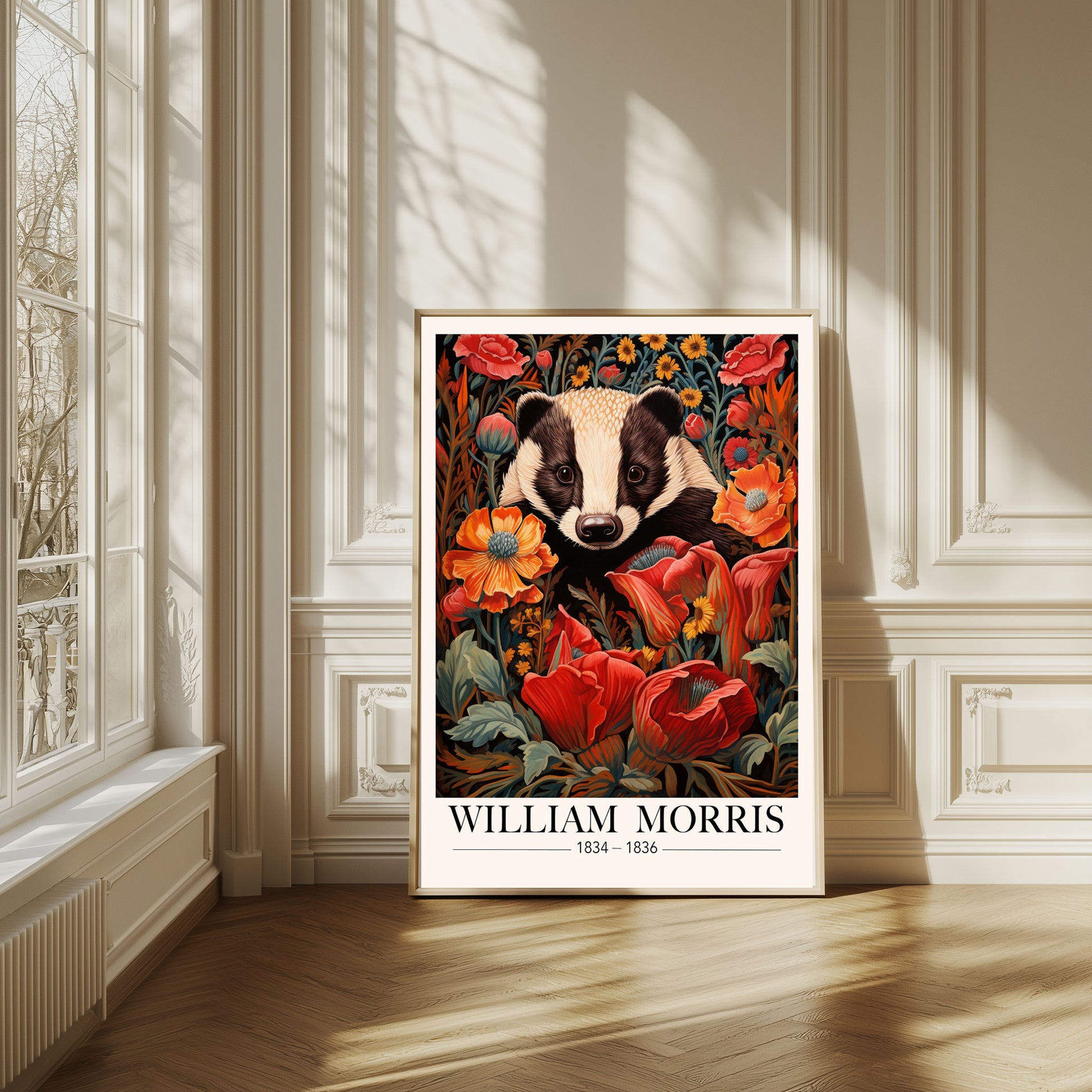 Vintage Badger Wall Art – Animal Print with Floral Botanical Frame William Morris, Ideal for Cottagecore or Victorian-Style Decor