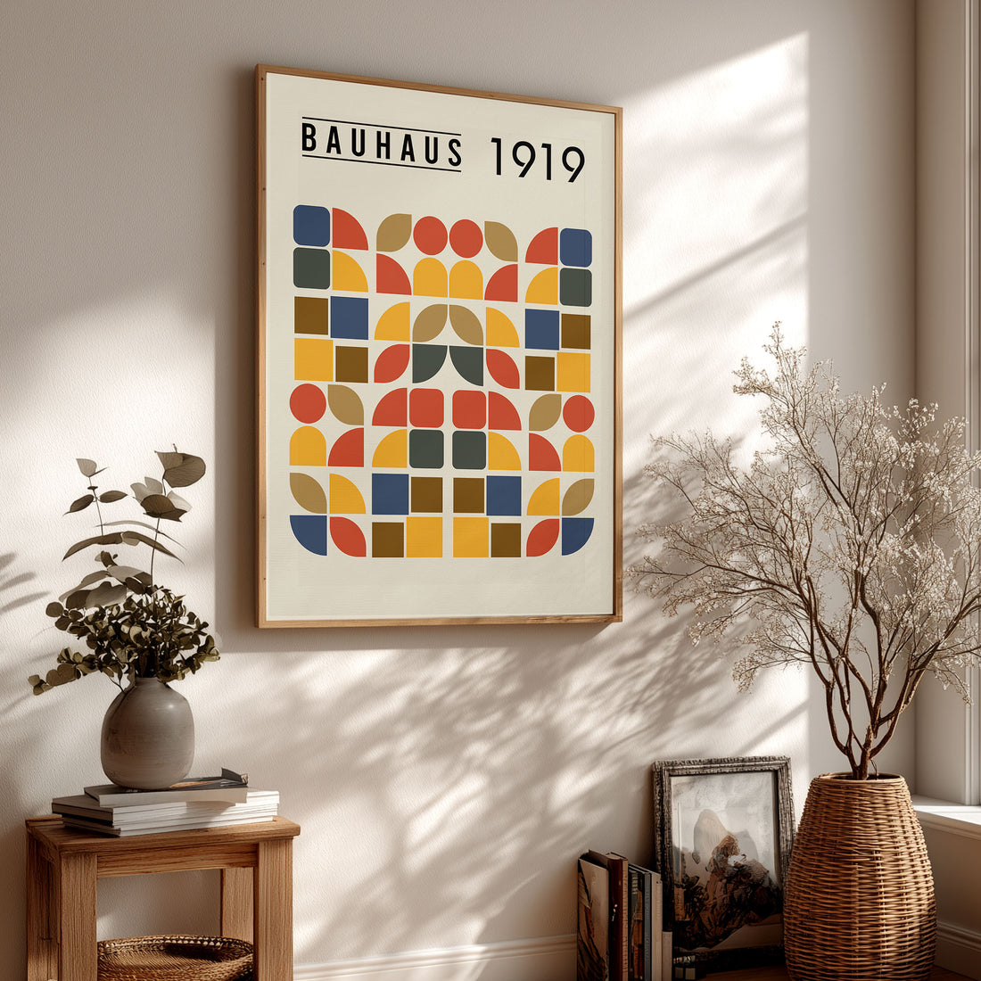 Framed poster with Bauhaus design and 'Bauhaus 1919' text on a beige background