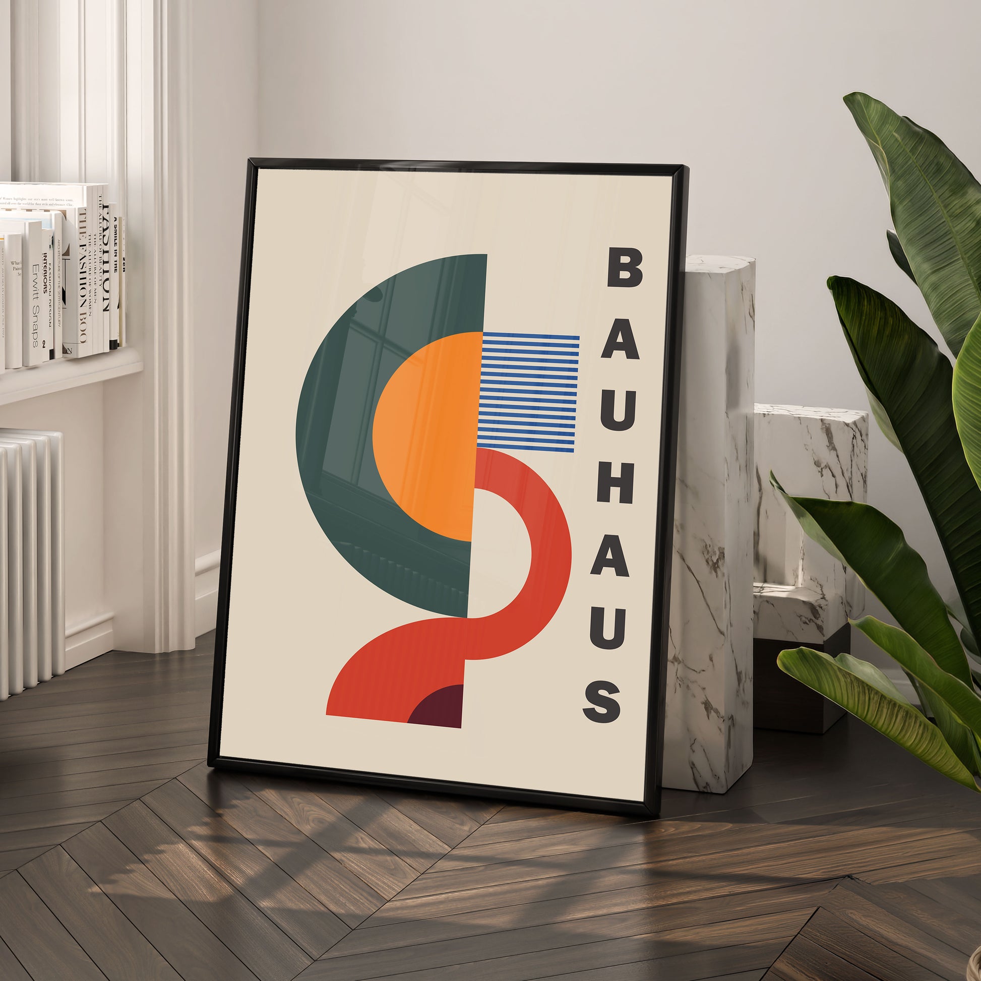 Framed Bauhaus poster on a wall in a modern interior setting
