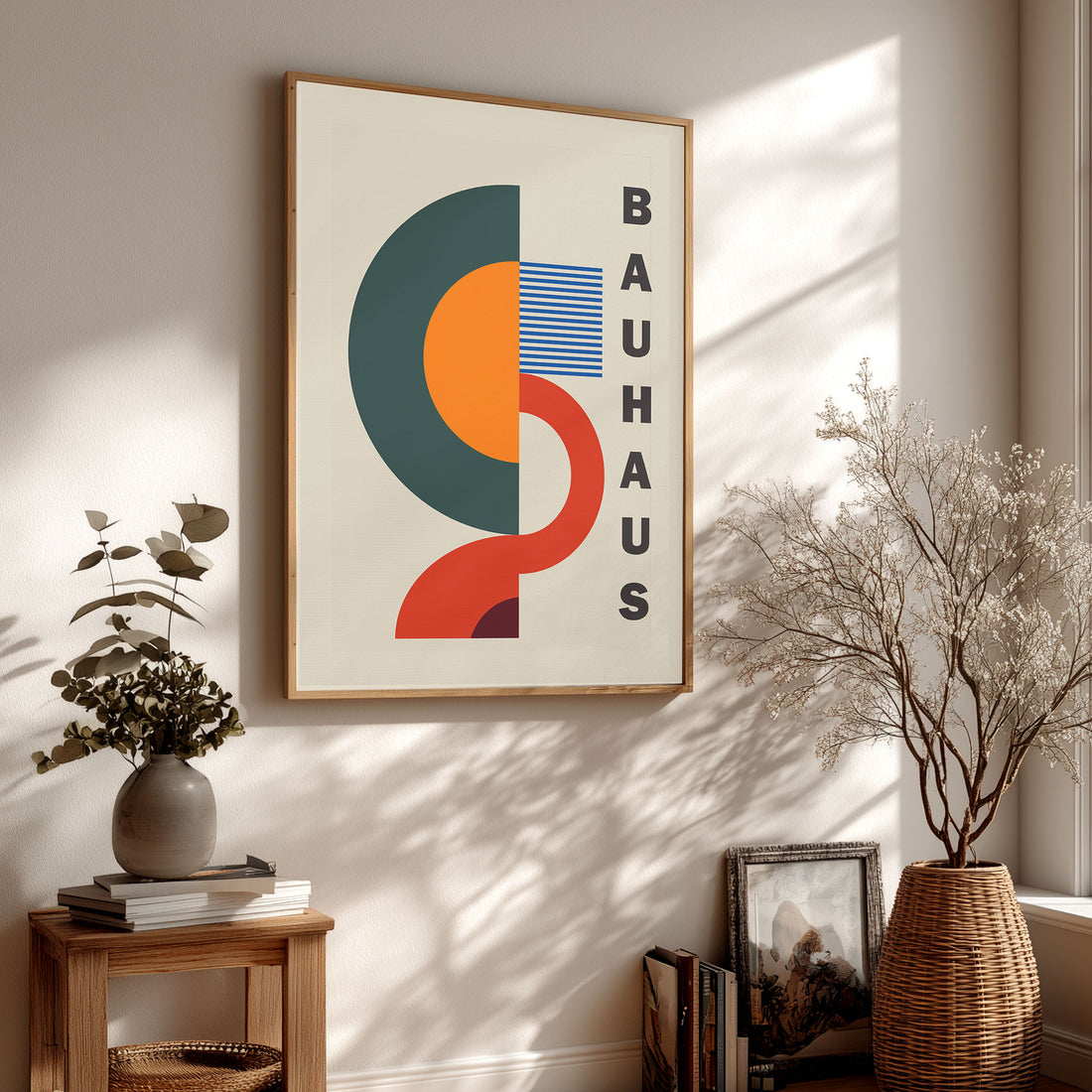 Framed Bauhaus poster with geometric design on a beige background