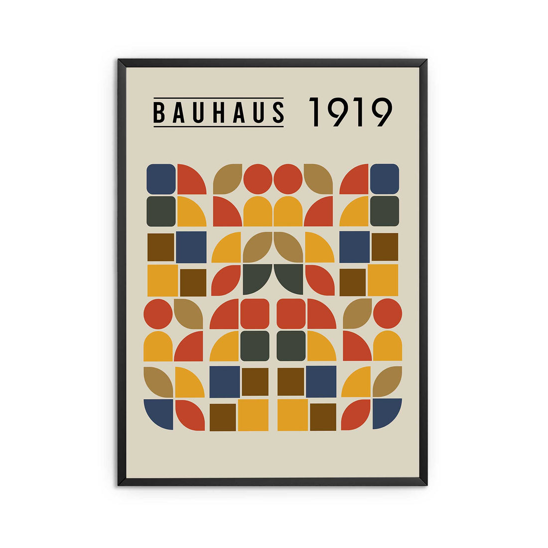 Framed poster with Bauhaus design and 'Bauhaus 1919' text on a beige background