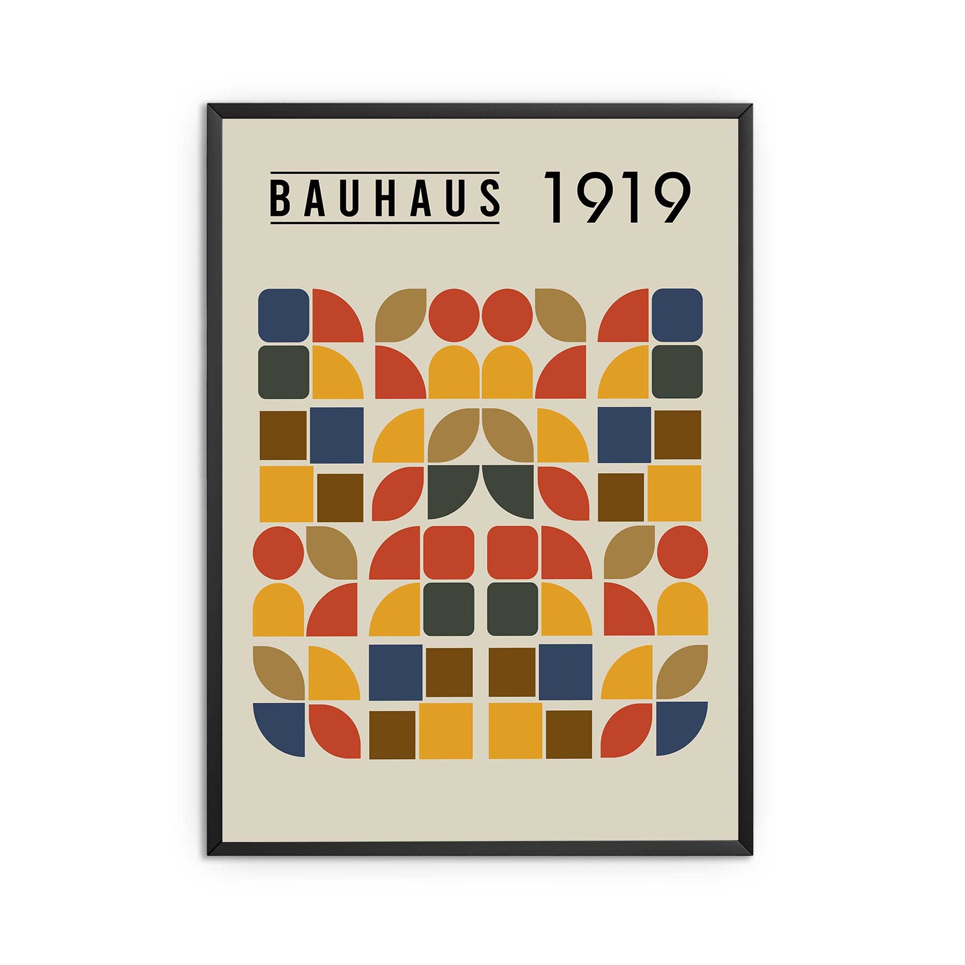 Framed poster with Bauhaus design and 'Bauhaus 1919' text on a beige background