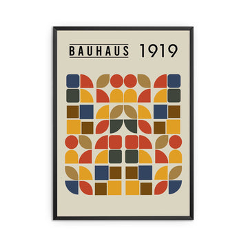 Framed poster with Bauhaus design and 'Bauhaus 1919' text on a beige background
