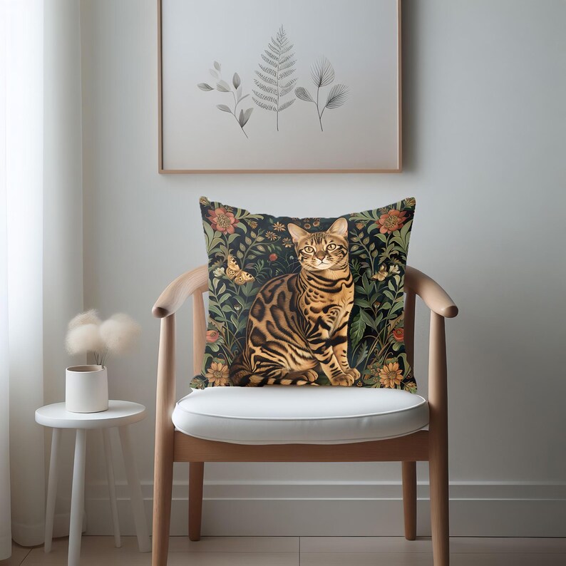 William Morris Style Cat Pillowcase on a wooden chair in a room setting.