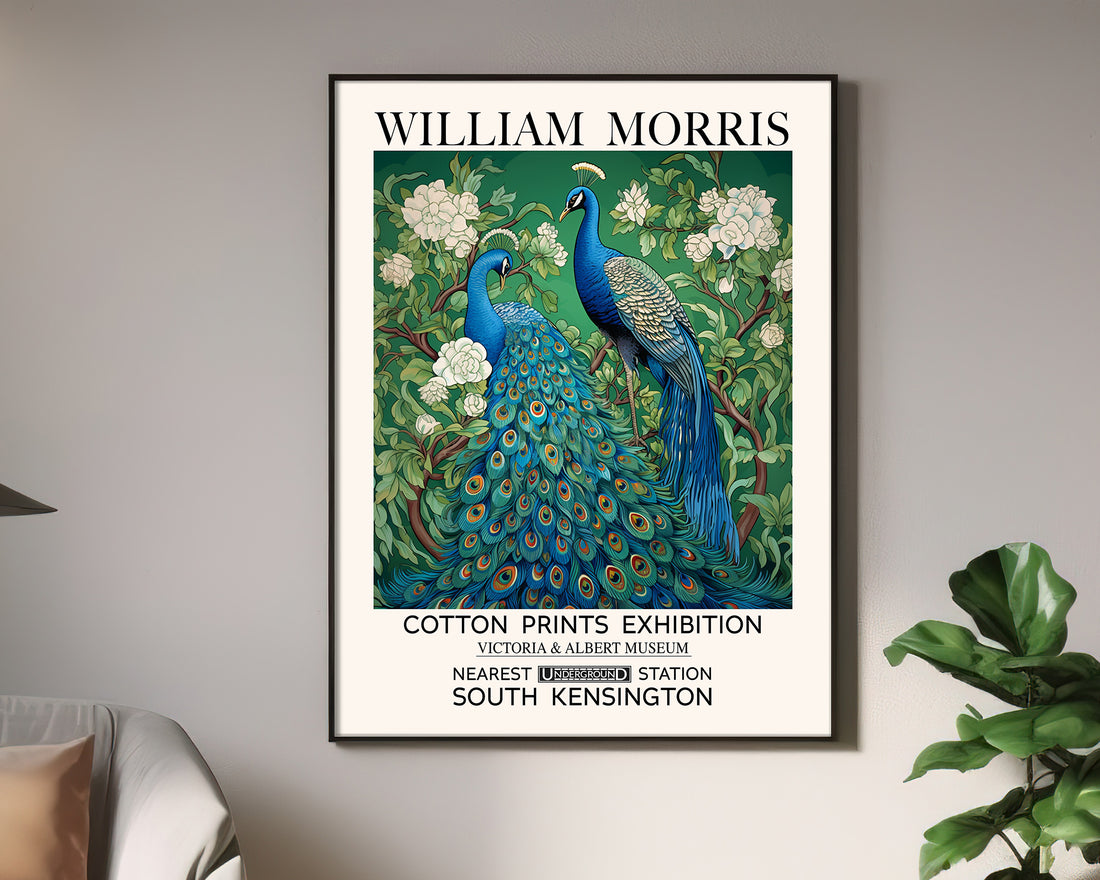 2 Peacocks Sitting On floral trees and floral branches art print, green blue and white print