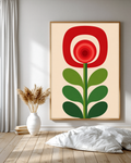 mid Century abstract red flower Print featuring a stylized flower with concentric red circles in a rounded red bloom, green stem, and green leaves on a warm beige