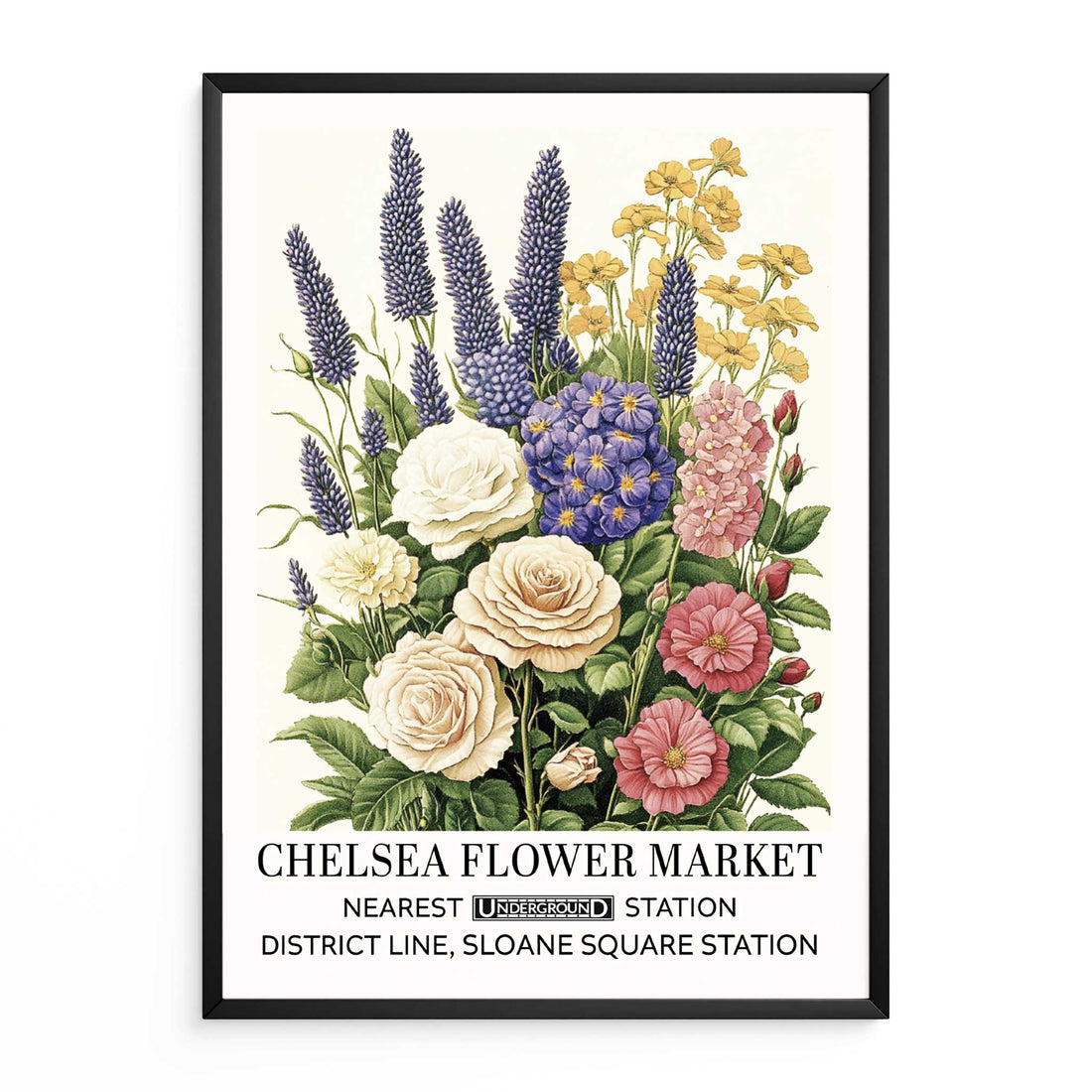 Lavender & Roses Vintage Floral Wall Art featuring a mix of pastel lavender, cream, yellow, and soft pink roses &amp; wildflowers in a garden, illustrated in a vintage botanical poster.