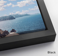 Close up texture detail of a premium gallery wrapped black floating framed canvas print showing high-quality abstract brushstrokes