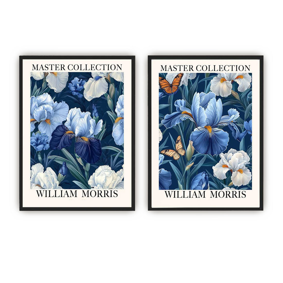 blue irises, white flowers, and butterflies in a dark blue background,  William Morris style art Two framed William Morris 'Master Collection' floral art prints side by side on a white background. The prints feature with 'MASTER COLLECTION' at the top and 'WILLIAM MORRIS' at the bottom.
