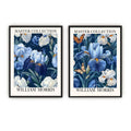 blue irises, white flowers, and butterflies in a dark blue background,  William Morris style art Two framed William Morris 'Master Collection' floral art prints side by side on a white background. The prints feature with 'MASTER COLLECTION' at the top and 'WILLIAM MORRIS' at the bottom.